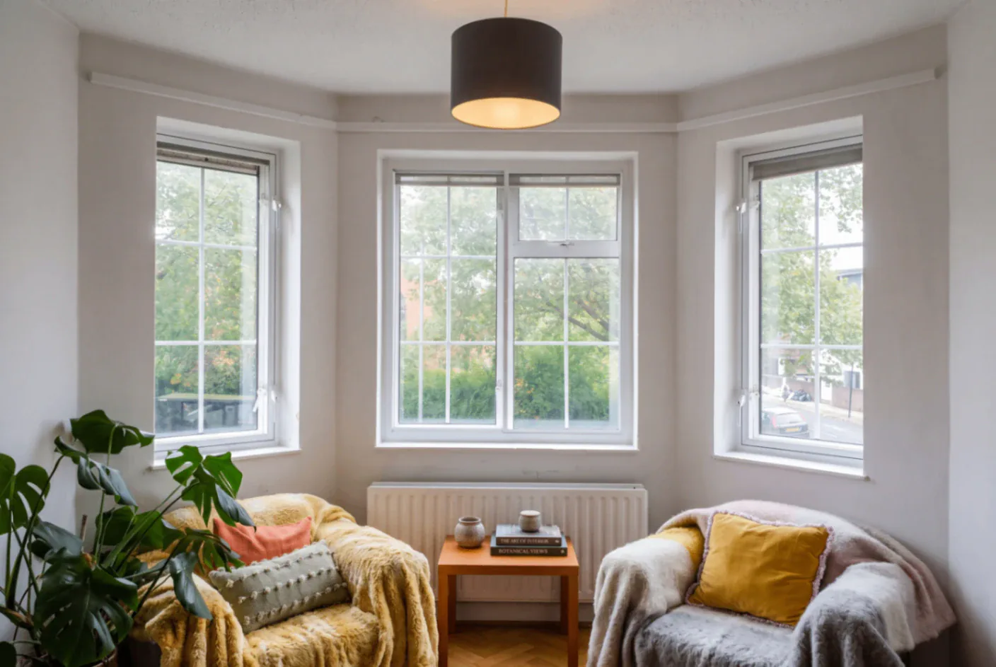 Secondary glazing around a bay window in a sitting room